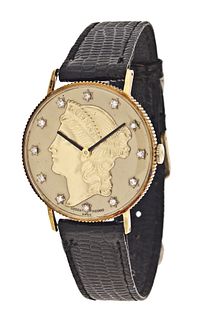 A man's Lucien Piccard wrist watch with liberty head dial
