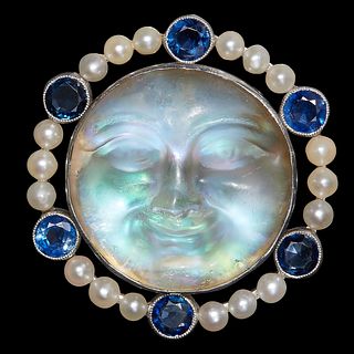 MAN IN THE MOON, PEARL AND SAPPHIRE BROOCH