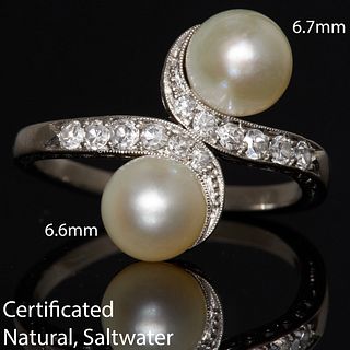 CERTIFICATED NATURAL SALTWATER PEARL AND DIAMOND TWIST RING