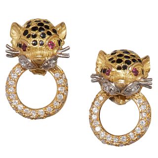 PAIR OF RUBY AND DIAMOND LEOPARD EARRINGS