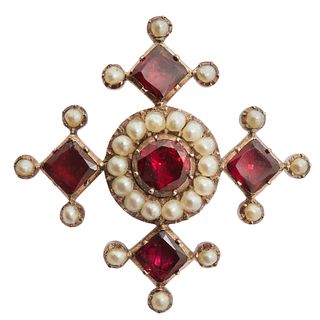 ANTIQUE GARNET AND PEARL BROOCH,