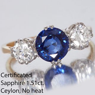 CERTIFICATED CEYLON SAPPHIRE AND DIAMOND 3-STONE RING