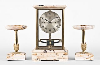 A good early 20th century three piece Bulle mantel clock garniture