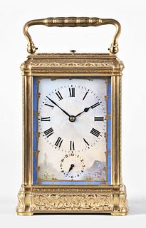 A good late 19th century enamel paneled grand sonnerie carriage clock by Drocourt