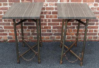 Pair of Decorative Stone Top Tables w/ Metal Base.