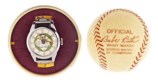 A mid 20th century Babe Ruth wrist watch with baseball form box