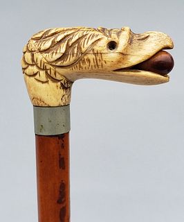 Antique Whalebone Carved Figural Eagle Head Cane, 19th Century