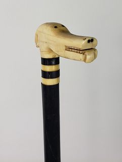 Antique Carved Dog Head Figural Grip Cane, 19th Century