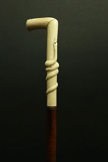 Carved Antique Bone Serpent Cane, 19th Century