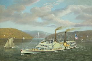Georgina Nemethy Oil on Board Portrait of the American Sidewheeler "Daniel Drew on the Hudson"
