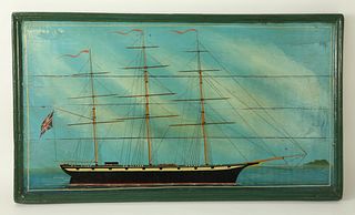 Naive Painting of a British Clipper on Antique Hardwood