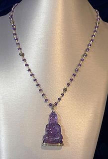 Carved Amethyst and Diamond Sterling Silver Buddha Pendant