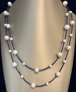 7mm-11mm Lapis Lazuli and White Fresh Water Pearl Necklace