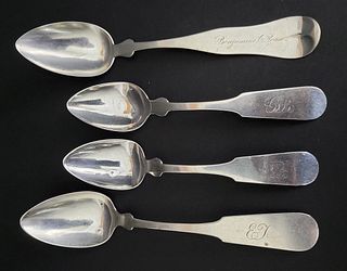 Four 19th C. Nantucket Made Engraved Coin Silver Spoons