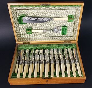 Antique Engraved Silver Plate and Carved Bone Handle Flatware Set, 19th century