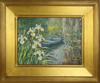 Jan Pawlowski Oil on Canvas "Blue Dory and White Iris at Water's Edge"