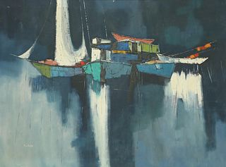 Philip Burnham Hicken Acrylic on Canvas "Boats Docked"