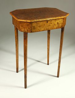 Burlwood and Satinwood Lift Top Sewing Stand, early 19th Century