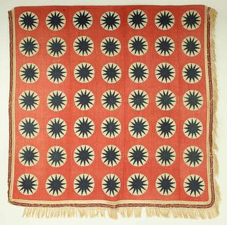 Rare Antique Red and Navy Blue Calico Star in a Circle Patchwork Quilt, 19th Century