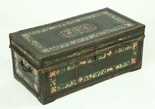 Chinese Export Decorated Leather Camphorwood Trunk, 19th Century