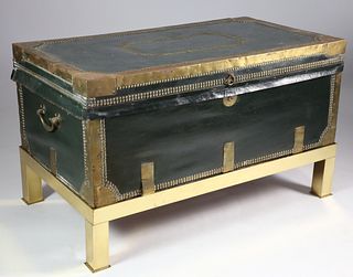 Leather and Brass Bound Chinese Export Camphorwood Trunk, 19th Century