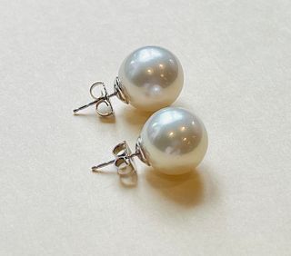 Pair of 13.5mm White South Sea Pearl Earrings, 14k White Gold
