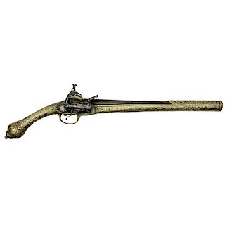 Ottoman Empire Miquelet Flintlock Pistol with Elaborate Brasswork