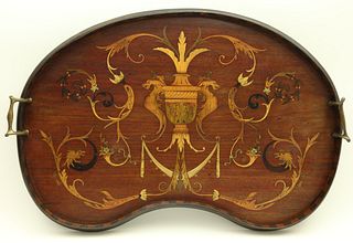 English Multi-wood Inlaid Serving Tray, 19th Century