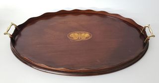 Vintage Oval Satinwood Inlaid Butterfly Serving Tray, 19th century