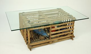 Lobster Trap Coffee Table Filled with Buoys, Fish Decoys, Crab, Lobster and More