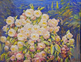 Carl H. L. Gebfert Oil on Board Floral Painting of Peonies