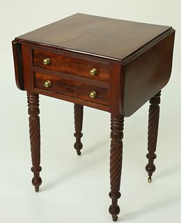 American Sheraton Mahogany Two Drawer Drop Leaf Work Stand, 19th Century