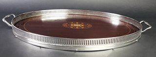 Vintage Inlaid Mahogany and Silver Plated Gallery Serving Tray