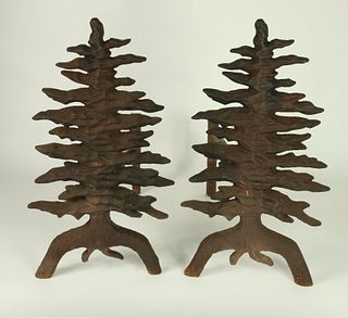 Rare Pair of Antique Cast Iron Figural Pine Tree Andirons, circa 1900