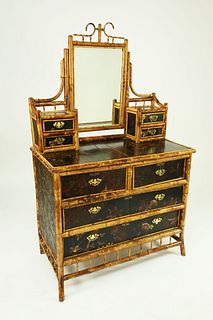 Antique Bamboo and Lacquered Chest of Drawers, 19th Century