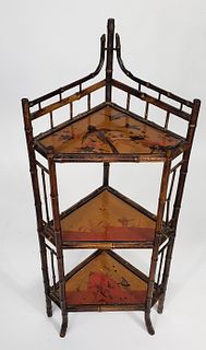 Antique English Bamboo and Lacquer Decorated Corner Shelf Etagere