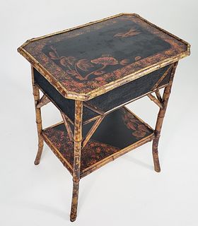 Antique English Lacquered Bamboo Lift Top Sewing Table