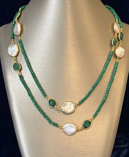 Faceted Green Corundum Stone Bead and Coin Pearl Necklace