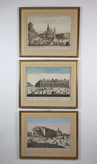 Three Antique German Hand Colored Copper Plate Architectural Engravings, 18th Century