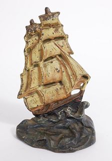 Antique Cast Iron Clipper Ship on the High Seas Doorstop in Original Paint