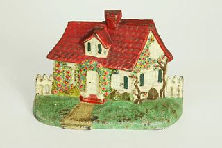 Vintage Red Roof Rose Covered Cottage Cast Iron Doorstop