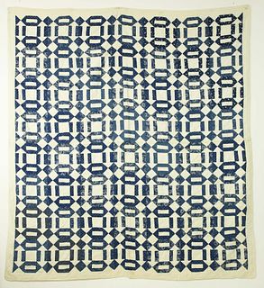 Antique Navy Blue and White Geometric Patchwork Quilt, 19th Century