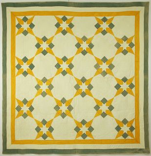 Vintage Yellow and Green Star in a Box Quilt, Creme Ground, circa 1930s