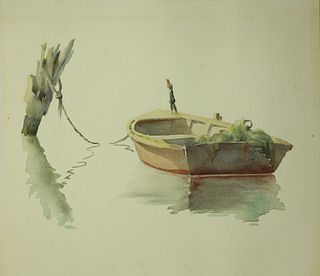 Doris and Richard Beer Watercolor on Paper "Lone Dory Tied to Piling"