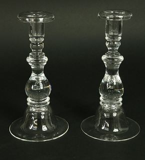 Pair of Signed Steuben Clear Crystal Teardrop Candlesticks