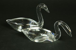 Pair of Signed Steuben Clear Crystal Swans, Designed by Lloyd Atkins, circa 1984