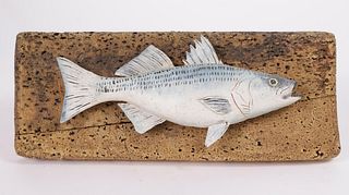 Painted and Carved Striped Bass Mounted on Cork Board