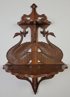 Fine Antique Swan Carved Mahogany Hanging Shelf, 19th Century