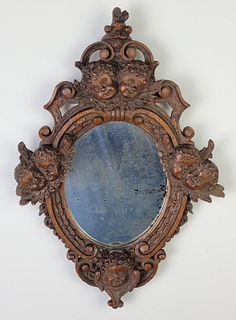Diminutive Continental Rococo Cherub Carved Mirror, 19th Century