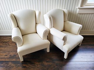 Pair of White Upholstered Child's Wing Chairs, Contemporary
